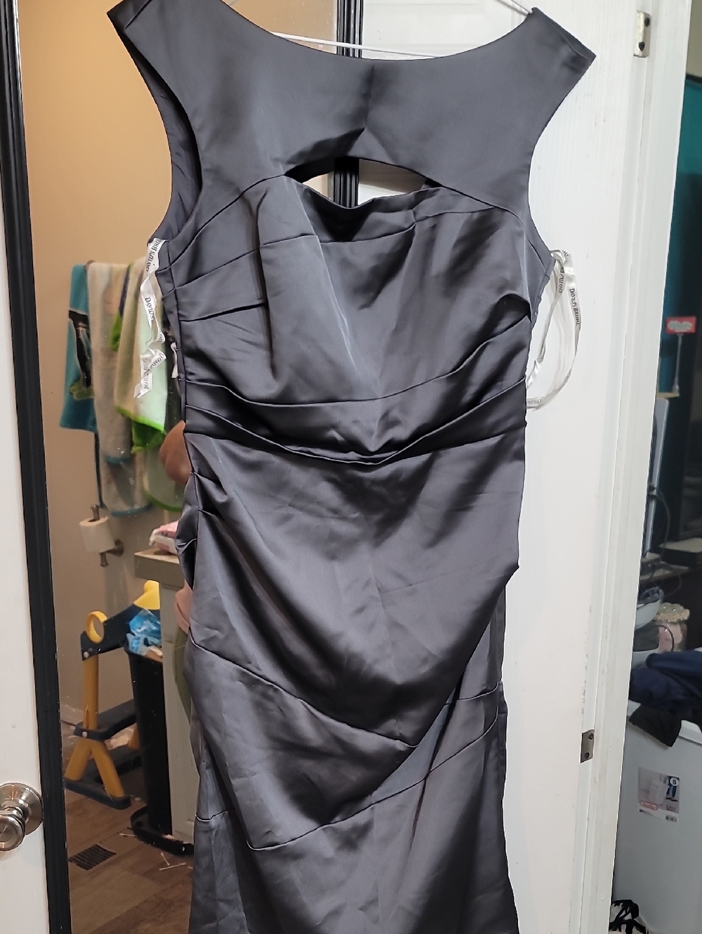 Davis Bridal Elegant Pewter/Gray Satin Sheath Dress with Cutout Neckline